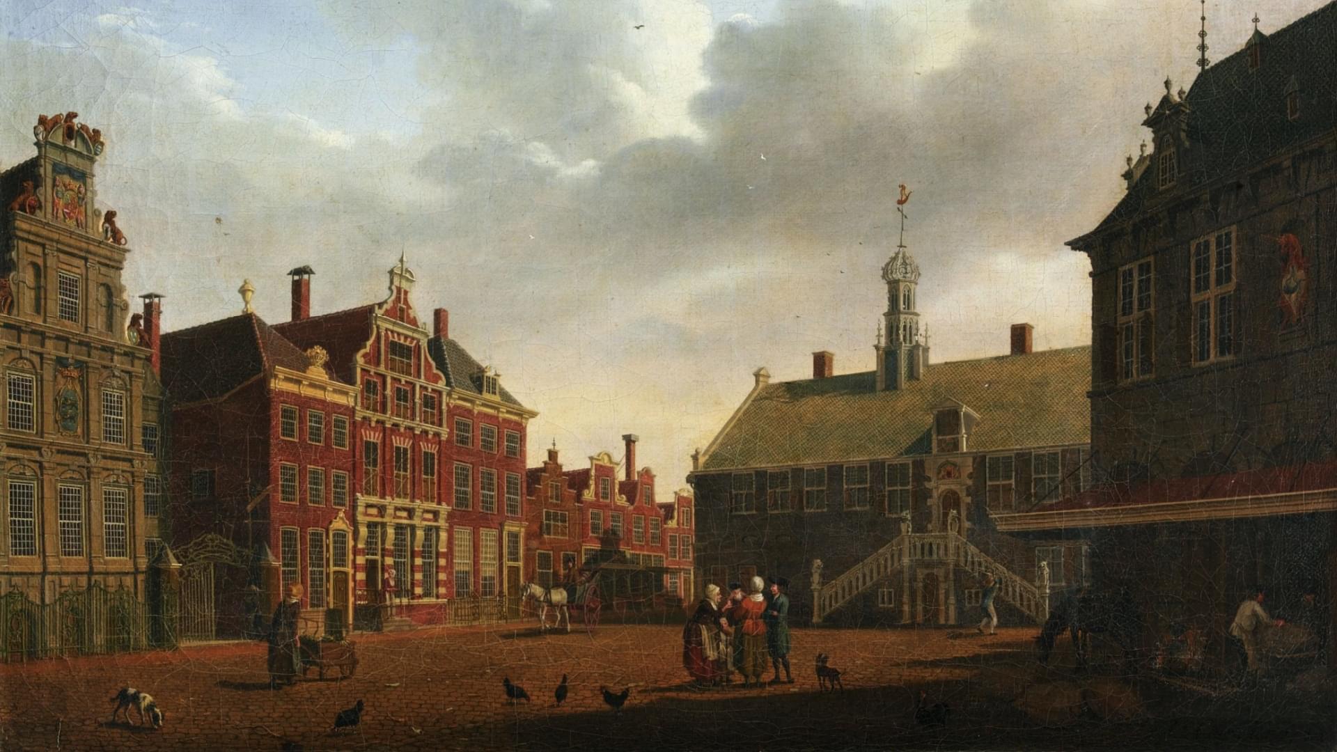 Schilderij van Roode Steen met oude stadhuis en Statencollege