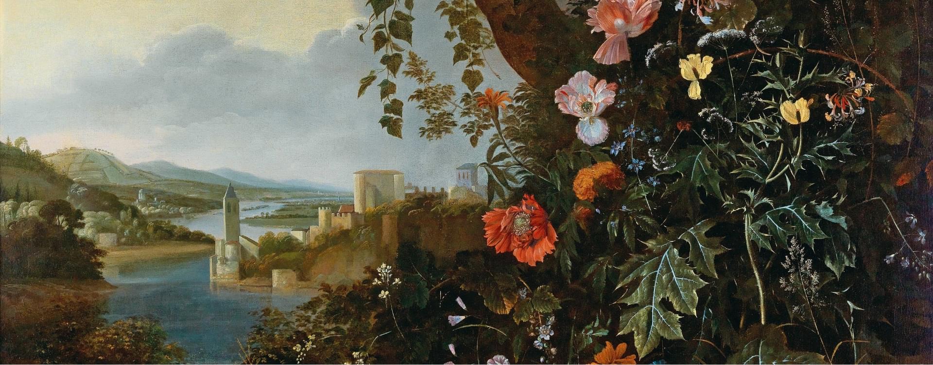 Schilderij met zicht op stad en planten