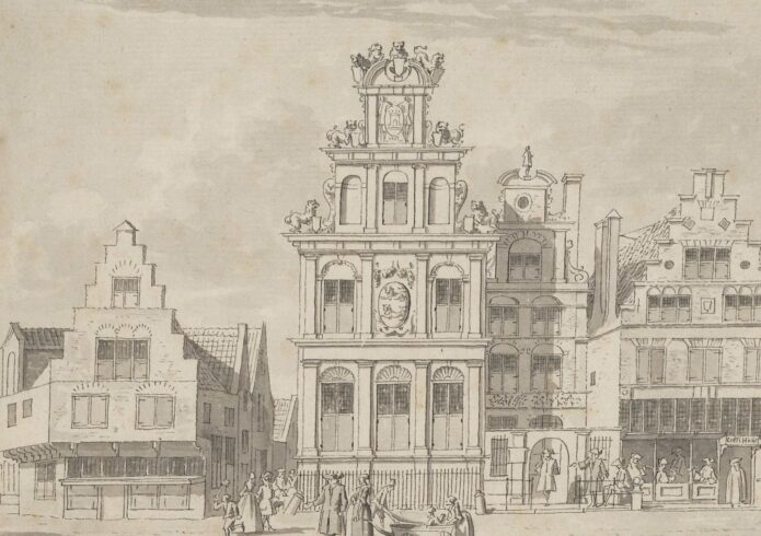 Vergroot de foto: Prent met daarop het Statencollege gemaakt door Cornelis Pronk in 1727