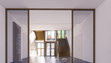 Impressie nieuwe museum met trappenhuis en rechts horeca ingang