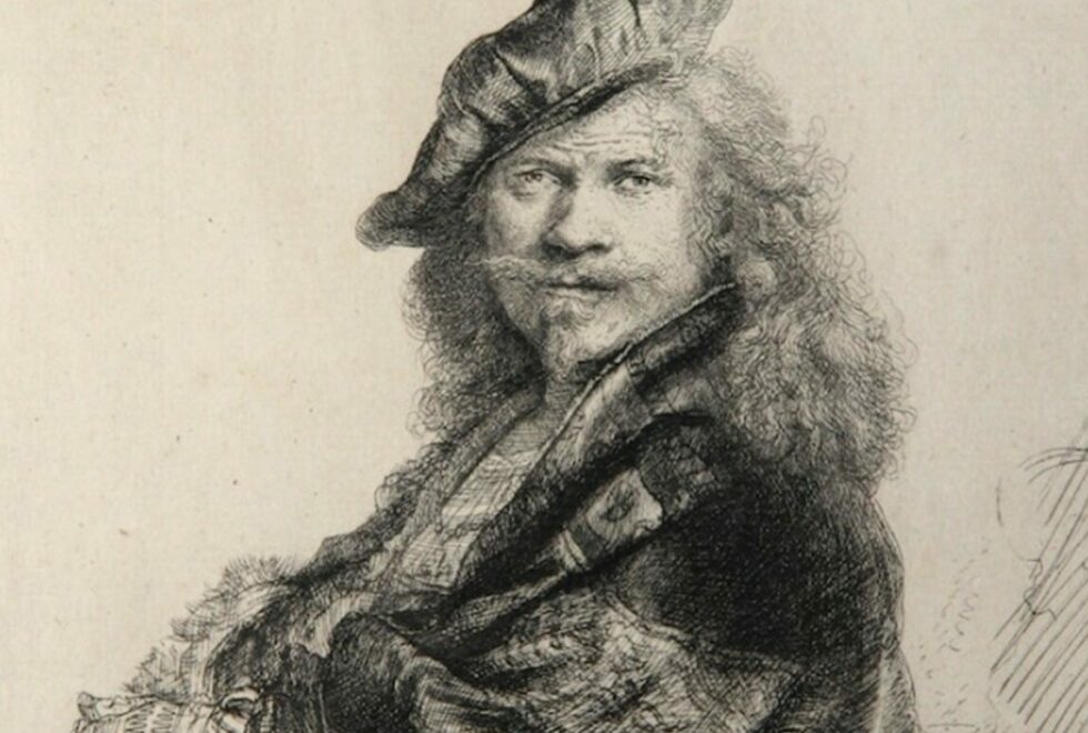 Ets in zwart-wit van persoon met snor en sik