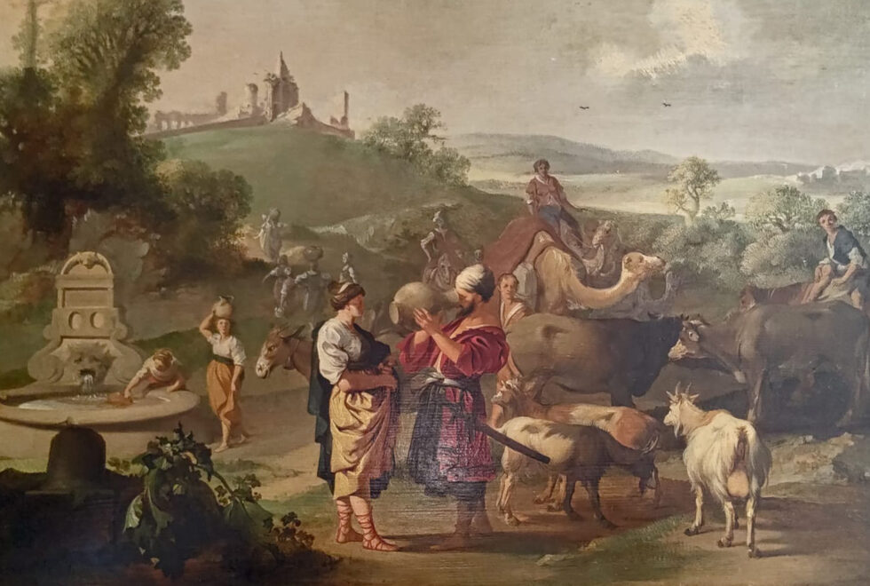 Schilderij met mensen en dieren naast fontein