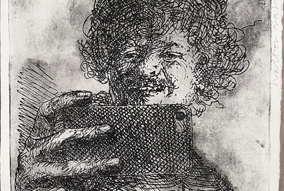 Ets met Rembrandt die selfie maakt met camera